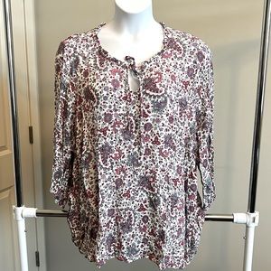 Crinkle Cut Cotton Notch-Neck Boho Peasant Floral Blouse